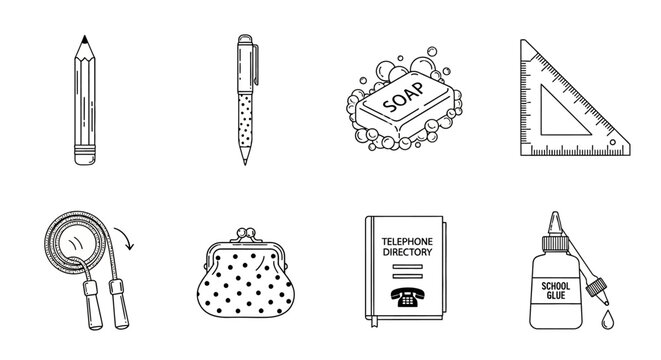 Assorted everyday objects and basic stationery items illustrated with clean black and white lines, suitable for web graphics, educational materials, and simple design projects