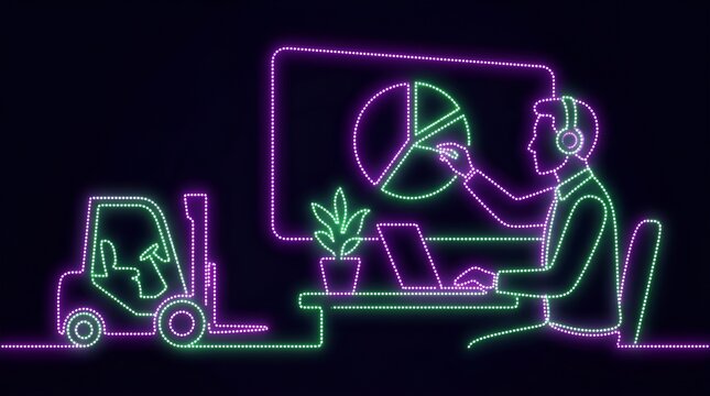 Remote worker analyzing logistics data in vibrant neon outline