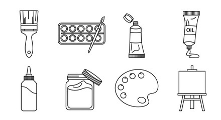 Collection of artistic supplies and equipment for drawing and painting, including brushes, paints, palettes, and an easel, rendered in a clean, minimalist line art style © Dylan