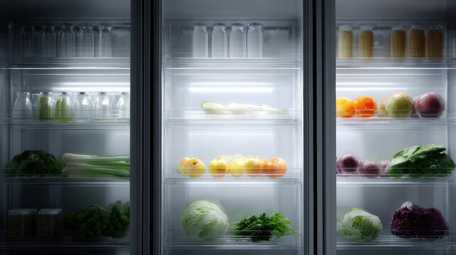 transparent smart fridge doors displaying organized healthy food with digital inventory system