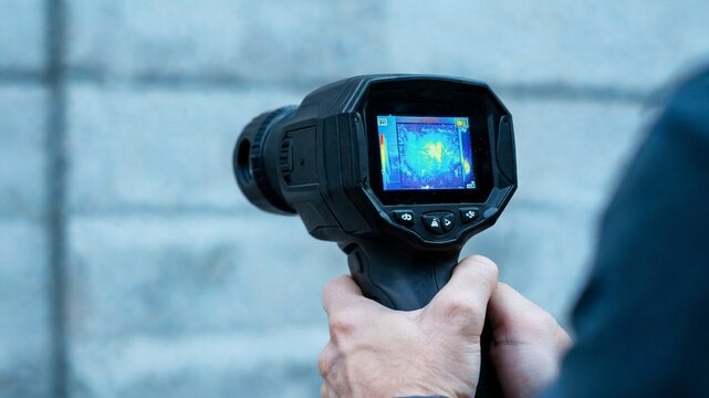 A professional building inspector holds a handheld thermal imaging camera displaying a colorful heat map on its screen while scanning a gray concrete block wall for thermal bridges and energy loss