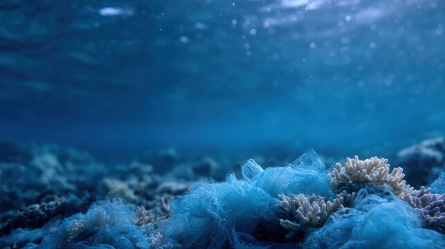 coral reef covered with plastic waste underwater marine pollution environmental awareness concept