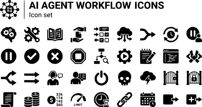 AI Agent Workflow Icon Set Thinking Loop Tool Call Memory Read Handoff Task Queue Spawn Merge Retry Planner Executor Scratchpad Context Window Branch Decision Kill Switch 30 Icons Flat Vector Tech