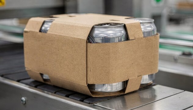 Closeup medium shot capturing the seamless application of paperboard multipack sleeves bundling beverage cans emphasizing convenience and retail display appeal.