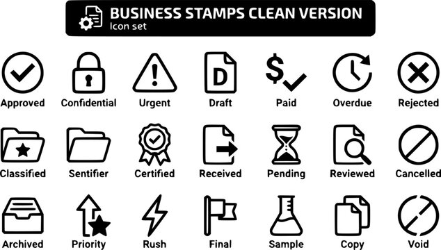 Business Stamps Seals Clean Version Approved Confidential Urgent Draft Paid Overdue Rejected Classified Certified Received Pending Reviewed Cancelled Priority Rush Final 20 Stamps Clean Crisp Vector