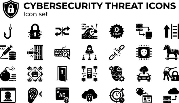 Cybersecurity Threat Icon Set Phishing Hook Ransomware Lock MITM DDoS Zero-Day SQL Inject Brute Force Keylogger Insider Threat Backdoor Rootkit Trojan Botnet C2 Server 30 Icons Flat Vector SOC InfoSec
