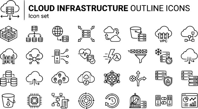 Cloud Infrastructure Outline Icon Set Container Pod Load Balancer CDN Auto-Scale Region Failover VPC Subnet API Gateway Serverless Message Queue Database 30 Icons Editable Strokes Line Art DevOps