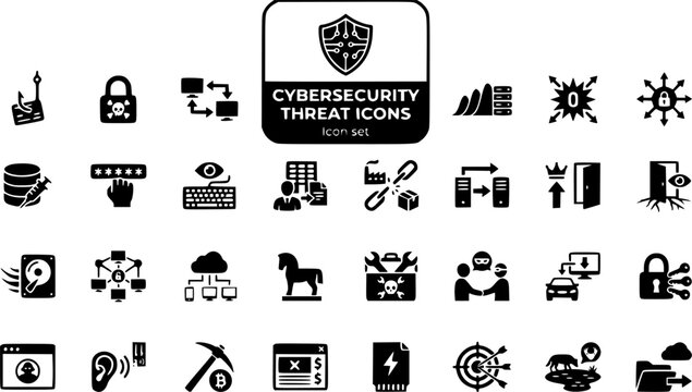 Cybersecurity Threat Icon Set Phishing Hook Ransomware Lock MITM DDoS Zero-Day SQL Inject Brute Force Keylogger Insider Threat Backdoor Rootkit Trojan Botnet C2 Server 30 Icons Flat Vector SOC InfoSec
