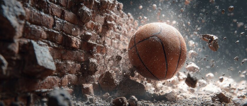 Dynamic basketball shattering brick wall in dramatic action scene