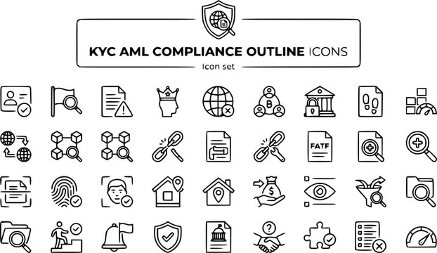 KYC AML Compliance Outline Icon Set Identity Verify AML Flag SAR PEP Screen Sanctions Beneficial Owner Freeze Audit Risk Tier Travel Rule FATF 30 Icons Editable Strokes Line Art Fintech RegTech