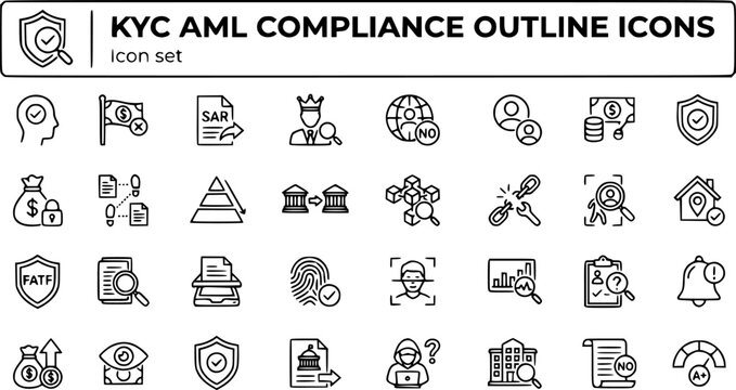 KYC AML Compliance Outline Icon Set Identity Verify AML Flag SAR PEP Screen Sanctions Beneficial Owner Freeze Audit Risk Tier Travel Rule FATF 30 Icons Editable Strokes Line Art Fintech RegTech