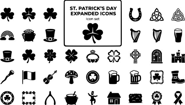 St Patrick's Day Expanded Icon Set Shamrock Horseshoe Celtic Knot Rainbow Pot of Gold Leprechaun Hat Irish Harp Pub Pint Claddagh Ring Celtic Cross Four Leaf Clover 30 Icons Flat Vector Irish Holiday