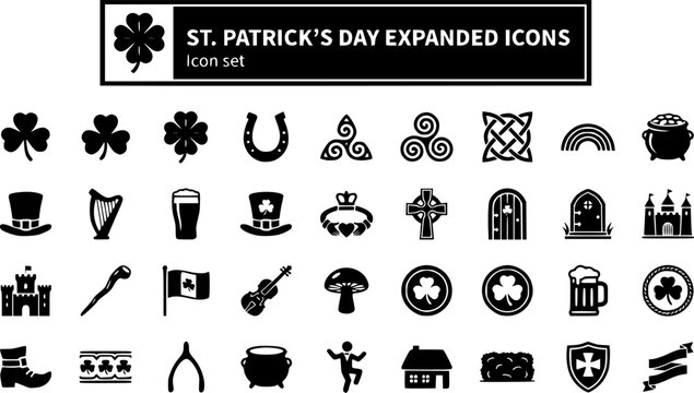 St Patrick's Day Expanded Icon Set Shamrock Horseshoe Celtic Knot Rainbow Pot of Gold Leprechaun Hat Irish Harp Pub Pint Claddagh Ring Celtic Cross Four Leaf Clover 30 Icons Flat Vector Irish Holiday
