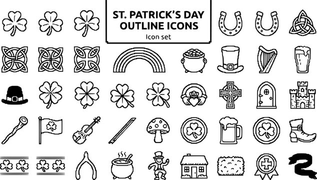 St Patrick's Day Outline Expanded Icon Set Shamrock Horseshoe Celtic Knot Rainbow Pot Gold Leprechaun Hat Irish Harp Pint Claddagh Celtic Cross Four Leaf Clover 30 Icons Editable Strokes Line Art