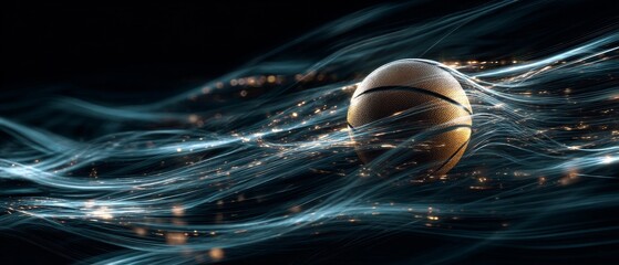 Naklejka premium Basketball surrounded by dynamic swirling light effects on dark background