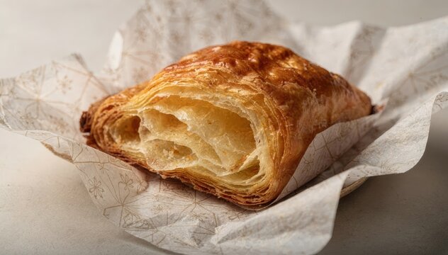 Closeup medium shot of a buttery pastry encased in patterned greaseproof paper featuring elegant designs emphasizing artisanal bakery presentation.