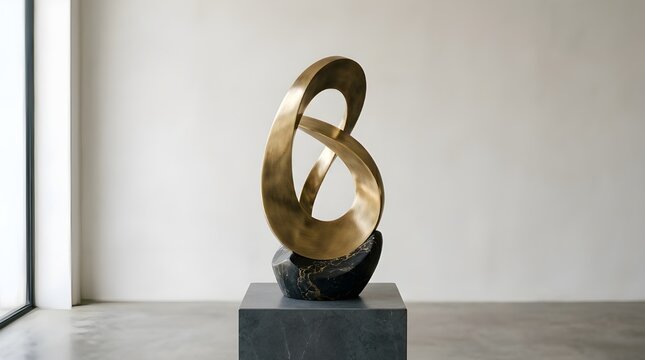 Luxury Abstract Brushed Brass Gold Infinity Sculpture on Black Marble Base Inside Modern Minimalist Art Gallery Room with Concrete Floor, Contemporary High-End Decor