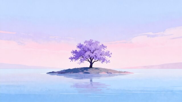 Solitary tree with purple blossoms on island