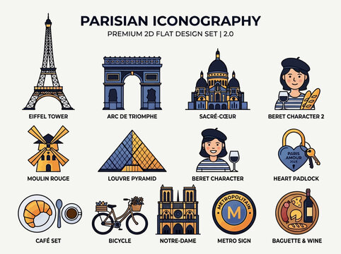 Parisian Iconography Set - Premium 2D Flat Vector Icons featuring Eiffel Tower, Arc de Triomphe, Louvre, Notre-Dame, and French Culture Symbols