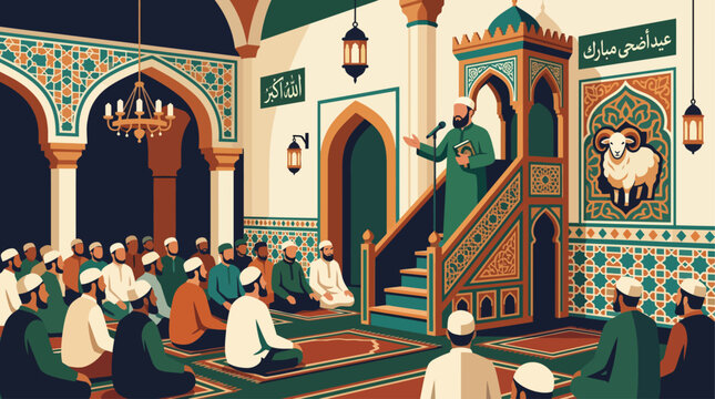  Flat illustration of an Imam giving Eid Al Adha khutbah sermon from mimbar pulpit inside mosque. Congregation of Muslim men listening attentively. Decorated with Islamic geometric patterns and Arabic