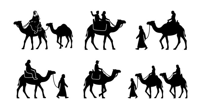 Camel Caravan Silhouettes, Desert Travel, Middle Eastern Figures, Vector Icons