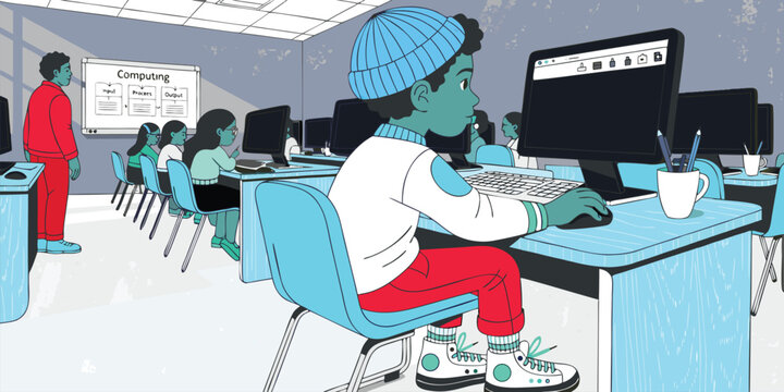 Diverse students learning computer science and technology at school with teacher guidance in a modern lab