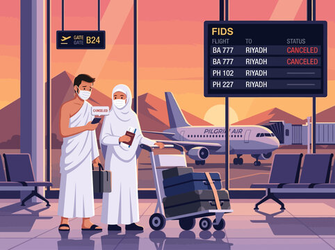 Muslim Pilgrims at Airport Terminal Facing Flight Cancellation for Hajj or Umrah Journey to Riyadh, Saudi Arabia