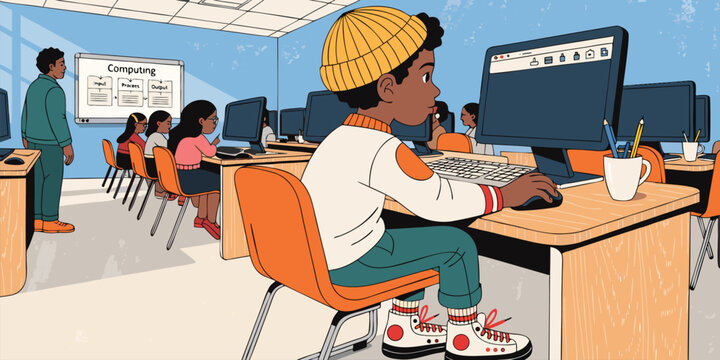Diverse students learning computer science basics in a modern school classroom setting with digital technology