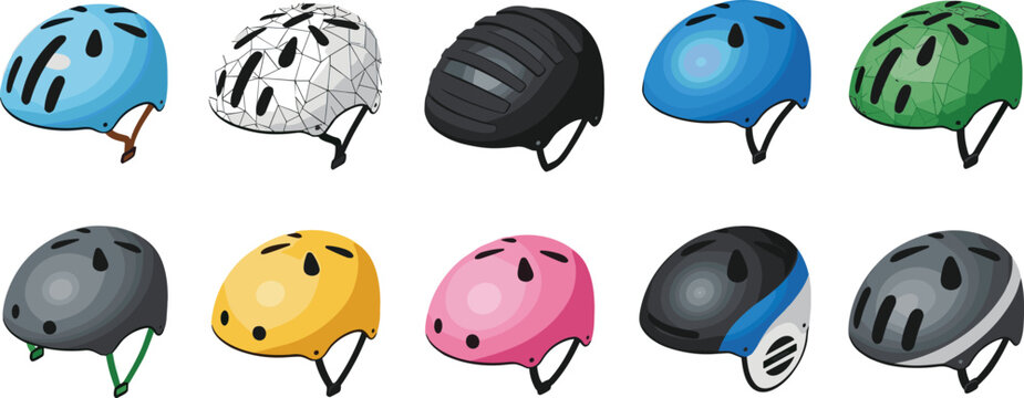 bicycle helmet vector icon set featuring colorful safety headwear for cycling skateboarding rollerblading and outdoor sports activities