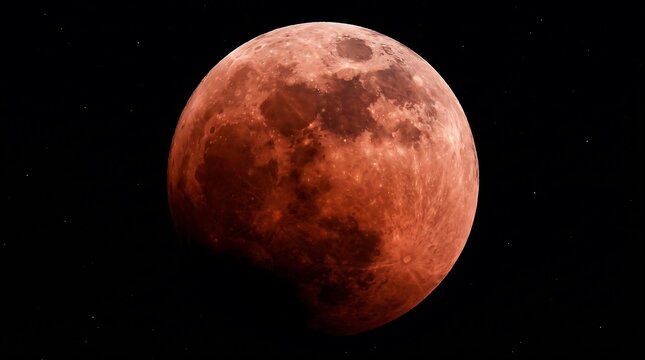 Close-up view of a blood moon lunar eclipse showing red orange surface details.