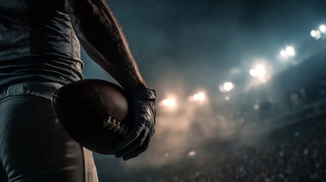 American football player holding ball in illuminated stadium at night
