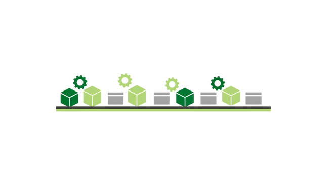 Production assembly line with green boxes and gears on transparent background