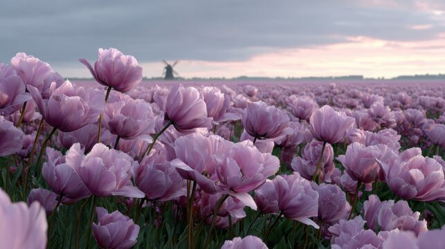 Field of blooming purple tulips under a cloudy sky with a traditional windmill visible in the background, showcasing vibrant floral landscape in spring