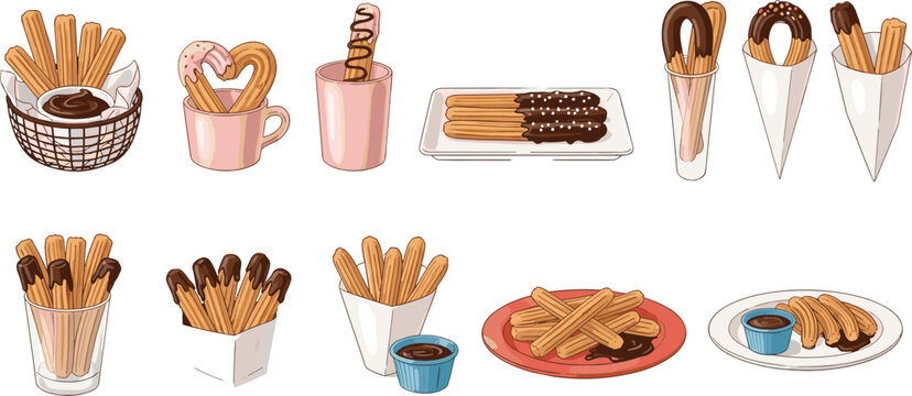 churros vector icon set featuring traditional sweet spanish fried pastry dessert with chocolate sauce dip and toppings