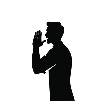 Title silhouettes man calling out loudly with silhouette shouting communication announcement