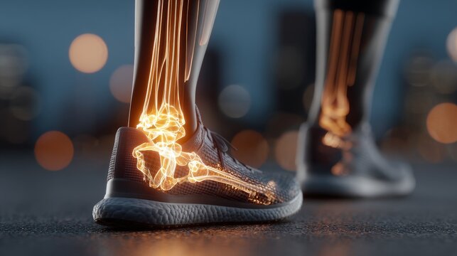 3D Illustration of Human Ankle Bones in Running Shoes at Night
