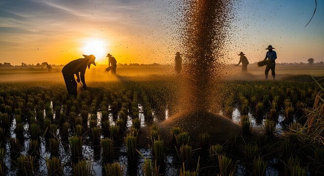 Rice Farmers Threshing Grain at Sunset in Flooded Paddy Field