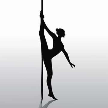 Silhouettes of pole dancer performing athletic split with silhouette exercise acrobatic performer