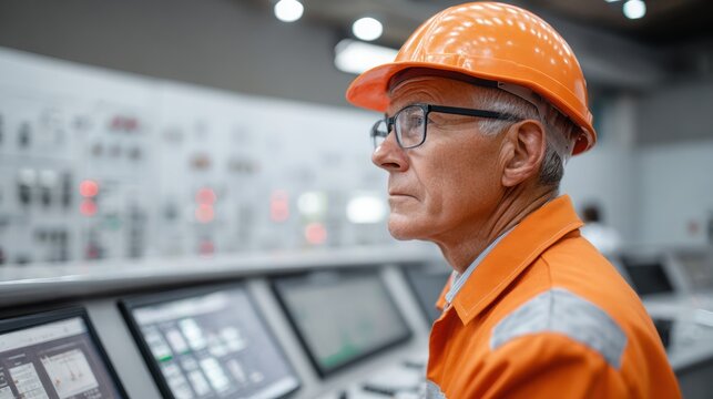 Senior male engineer wearing orange safety helmet and work uniform monitors control panel with digital screens in industrial facility during operational oversight
