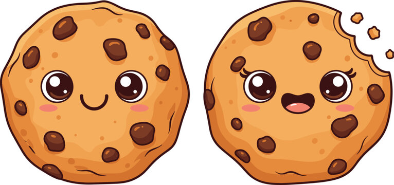 Cartoon chocolate chip cookies with cute smiling faces, playful food artwork, bitten cookie design, vector illustration