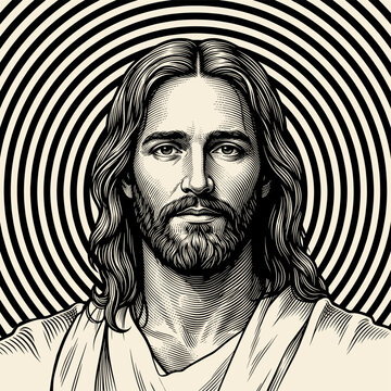 Jesus Christ with long hair and beard in a circular pattern