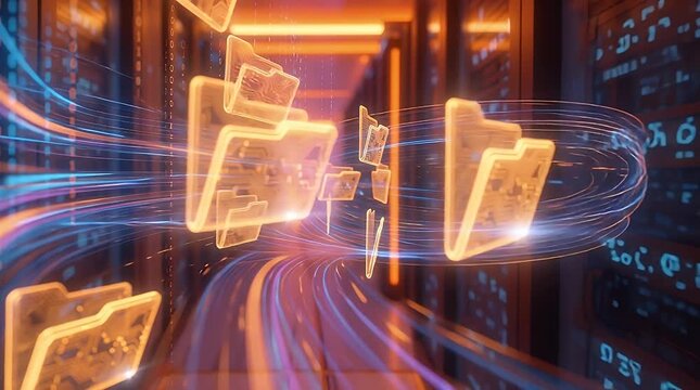 Glowing digital folders with data streams moving through a futuristic server room, illustrating fast data transfer and network processing.