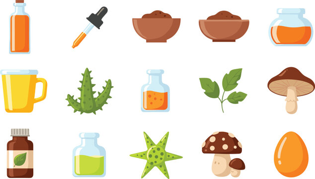 Herbal medicine and natural cosmetics vector icon set featuring essential oil aloe vera dropper and mushroom