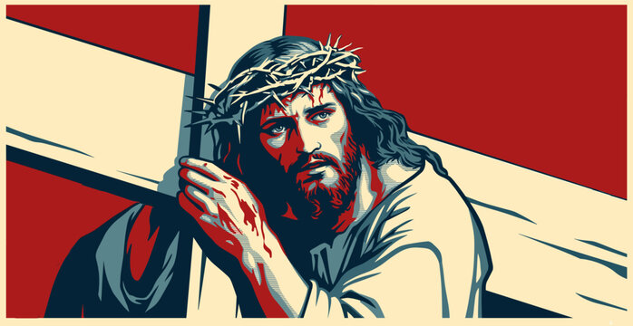 Jesus Christ wearing a crown of thorns and holding a cross