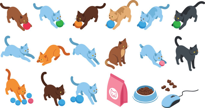 Isometric cute cat collection playing with ball yarn food bowl and pet accessories vector icon set