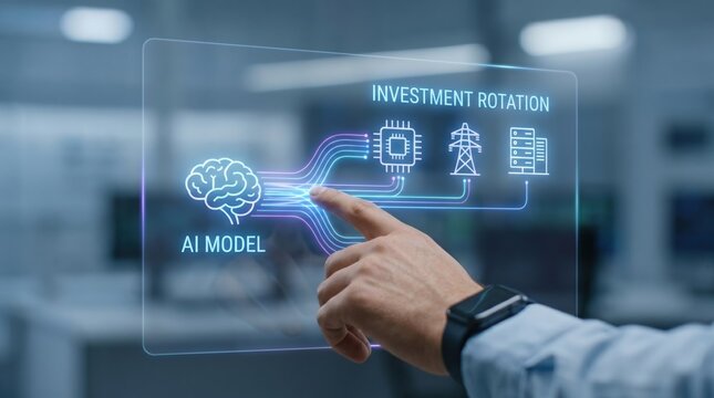 AI investment cycle - Hand directing investment from AI to chips, power, and data centers with a modern, clean interface, symbolizing tech industry capital rotation.