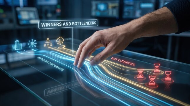 AI investment cycle - A hand splits AI investment into two paths, one thriving and one stalled, symbolizing winners and bottlenecks in a modern, clean interface.