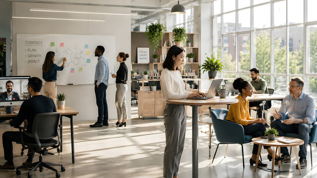 Modern open office with diverse professionals working collaboratively