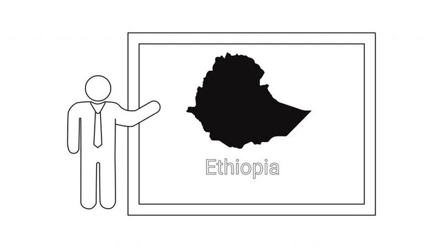 Man presenting map of Ethiopia on a whiteboard.