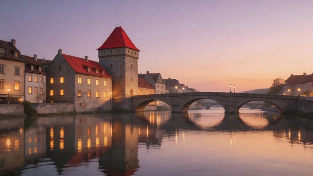 Stone bridge and red roofed buildings at dusk